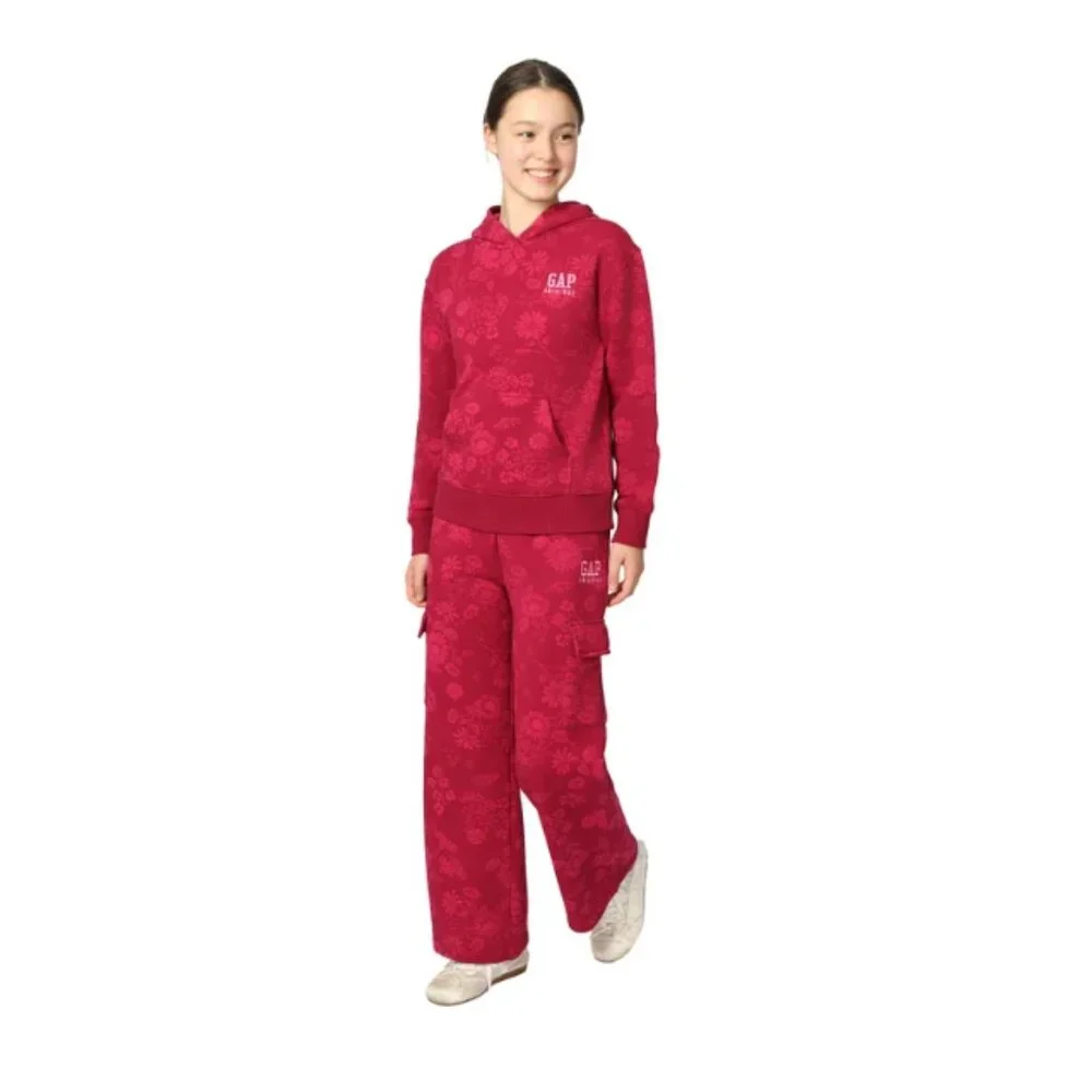 Gap Girls Sweatpants Red Floral Fleece Jogger Cargo Pockets Wide Leg L(14/16)